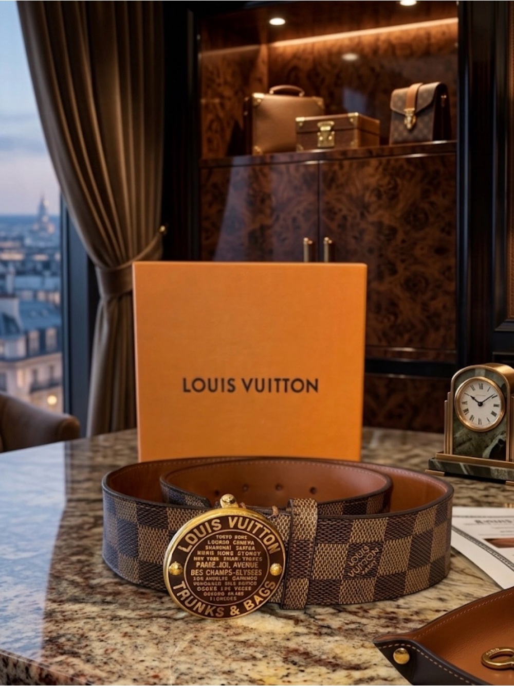 Louis Vuitton Brown Damier Trunks & Bags Round Medallion Belt unisex